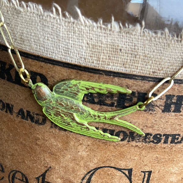 Gold Link Painted Bird Necklace