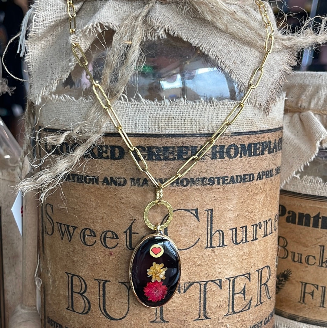 Gold Link Oval Resin Flower Necklace