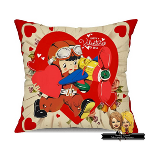 Vintage Valentine's Day Boy with Plane Pillow
